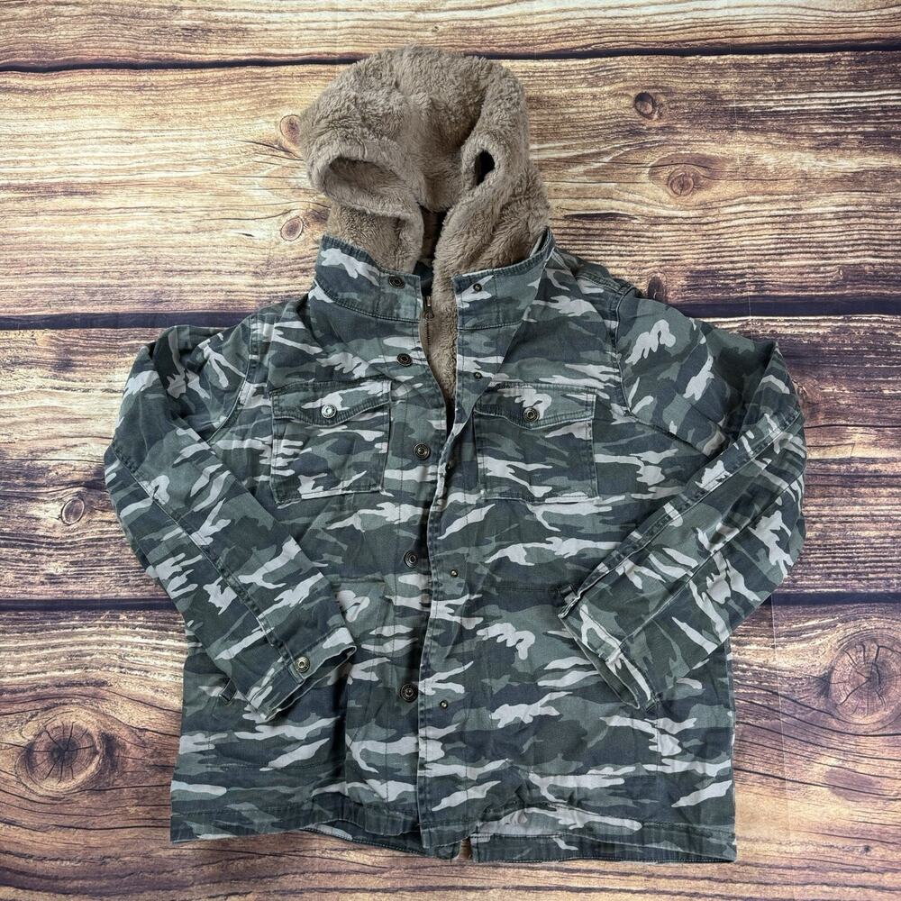 Kensie Jeans Camo Women’s Denim Army Military Sherpa Jean Jacket Full Zip Large